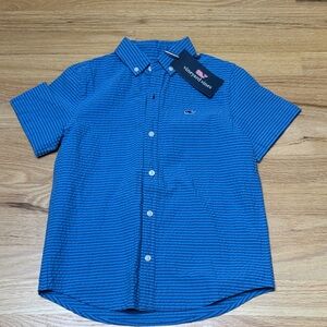 Vineyard Vines Boys Seersucker Blue Striped Whale Shirt